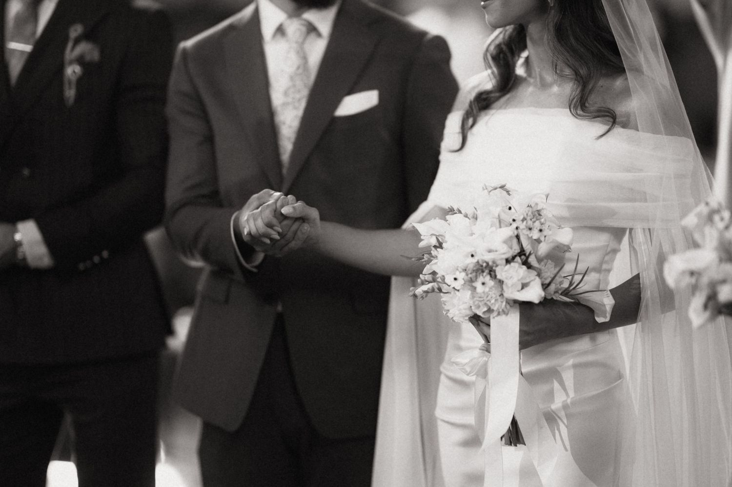 A series of wedding photos showing couples in formal attire exchanging rings and holding bouquets during ceremonies.