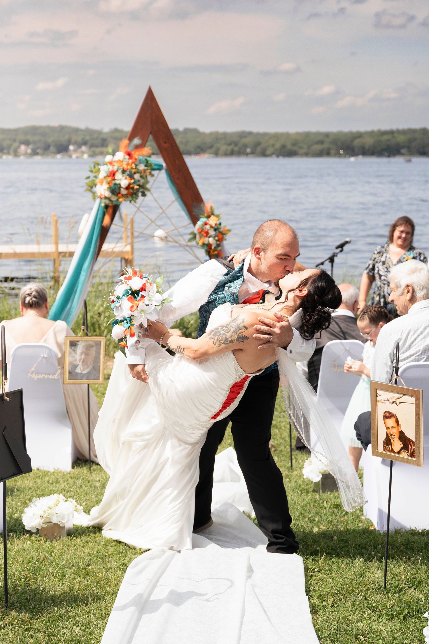 Wedding ceremony sequence showing couples dipping in coordinated dance moves by the water.