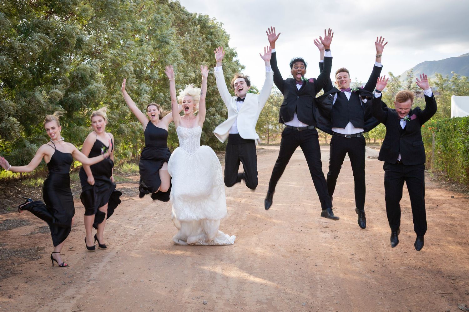 A wedding party in formal attire stands outdoors in a row under green trees on a sunny day.