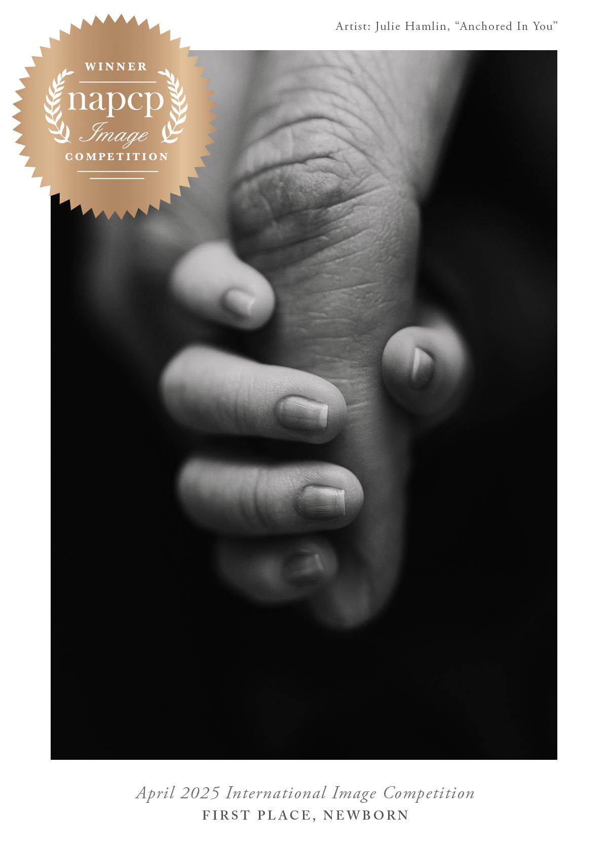 Black and white close-up of newborn baby fingers with text showing award badges and first place recognition.