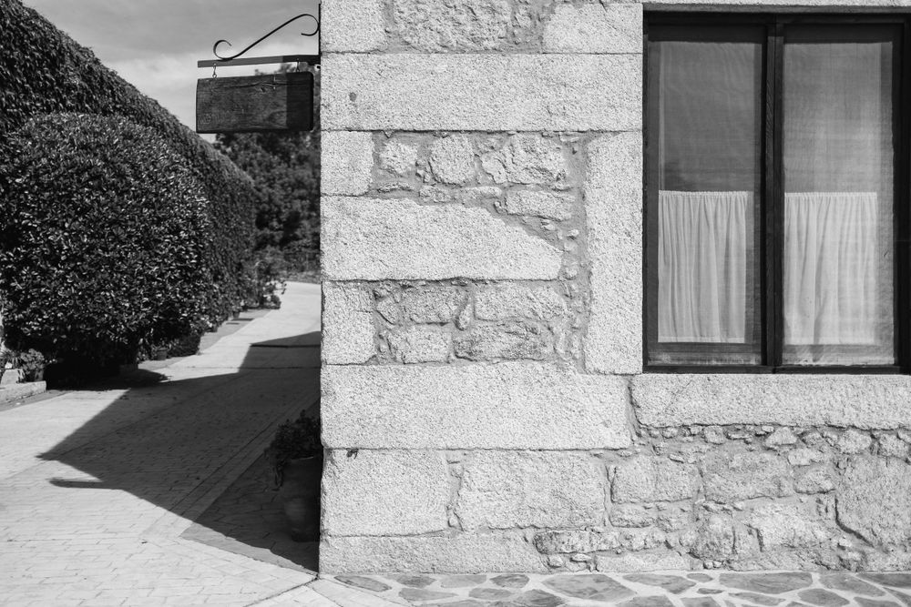 Black and white architectural detail of a stone wall with a window and manicured hedges casting shadows.