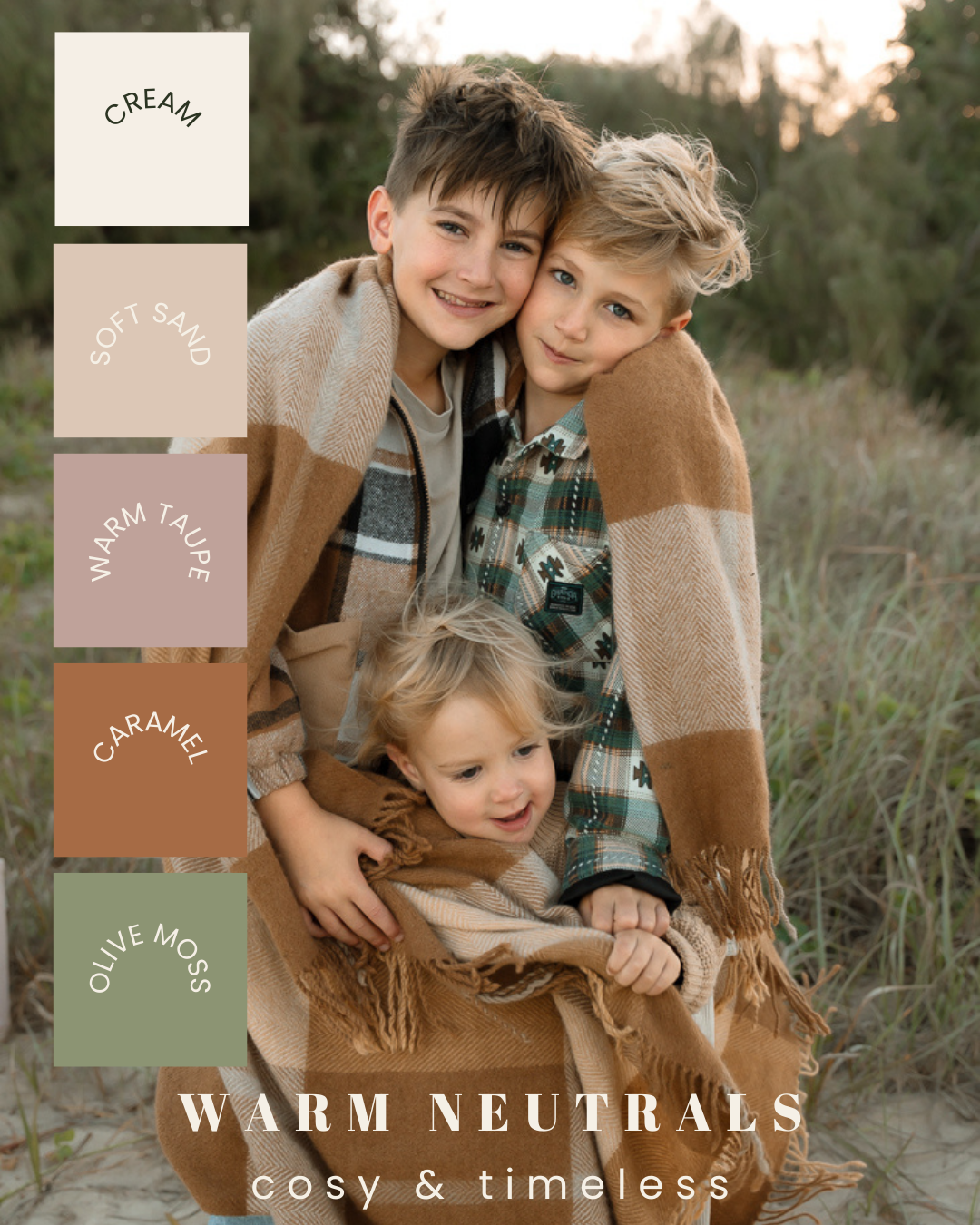 Muted earth tone color palette design with warm neutral swatches and overlapping text elements in a modern layout.