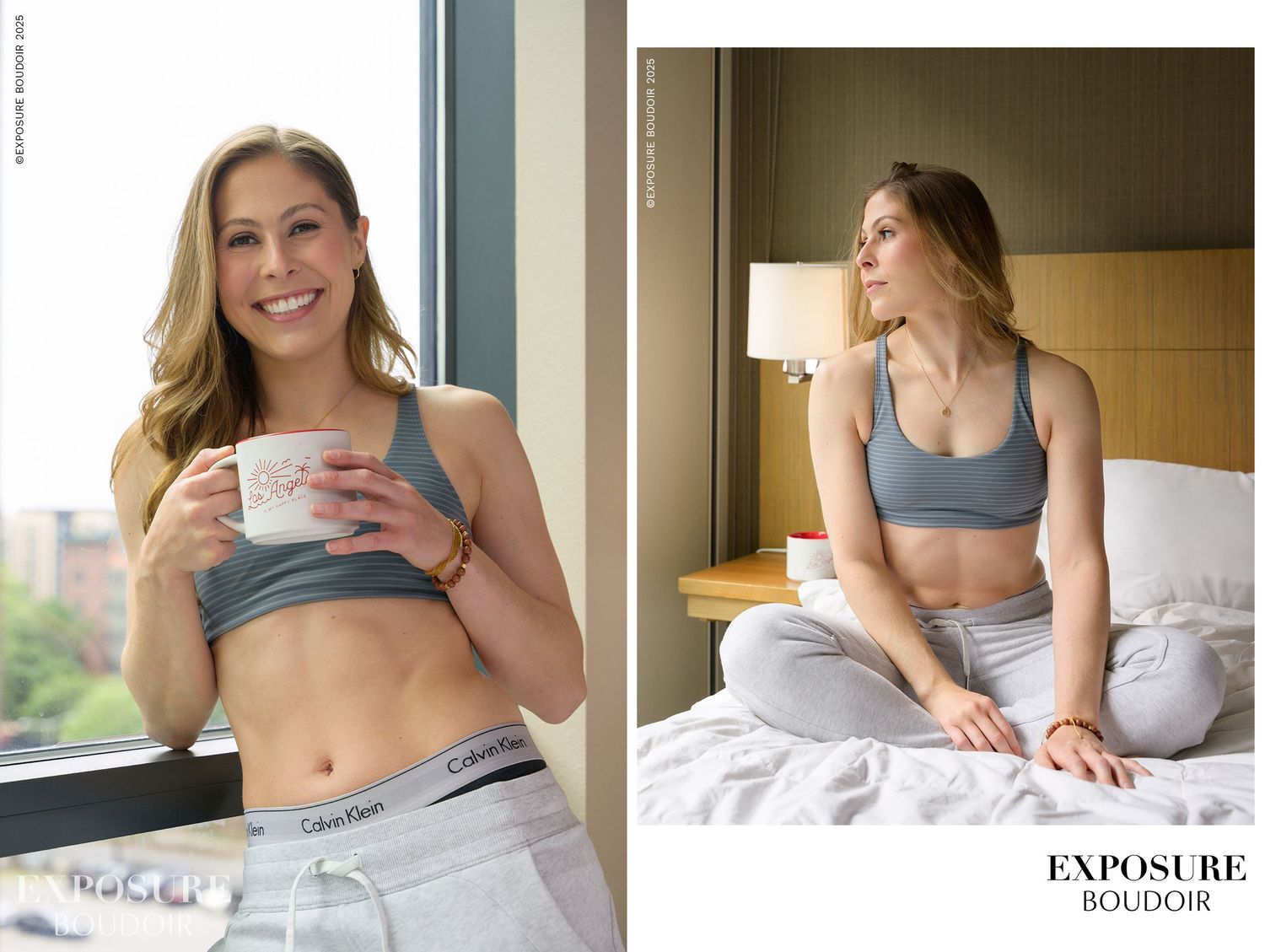 Fitness collage showing various mirror selfies in workout attire demonstrating progress and exercise routines.