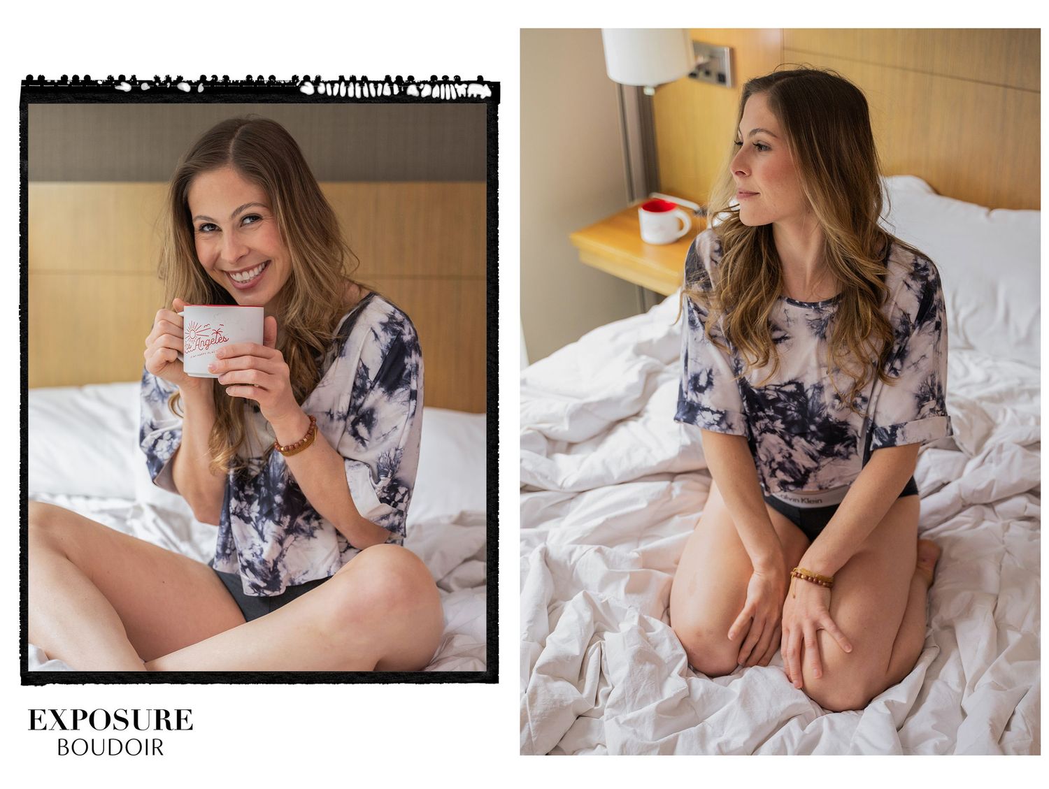 A collection of bedroom photos showcasing someone relaxing in casual loungewear on white bedding in natural light.