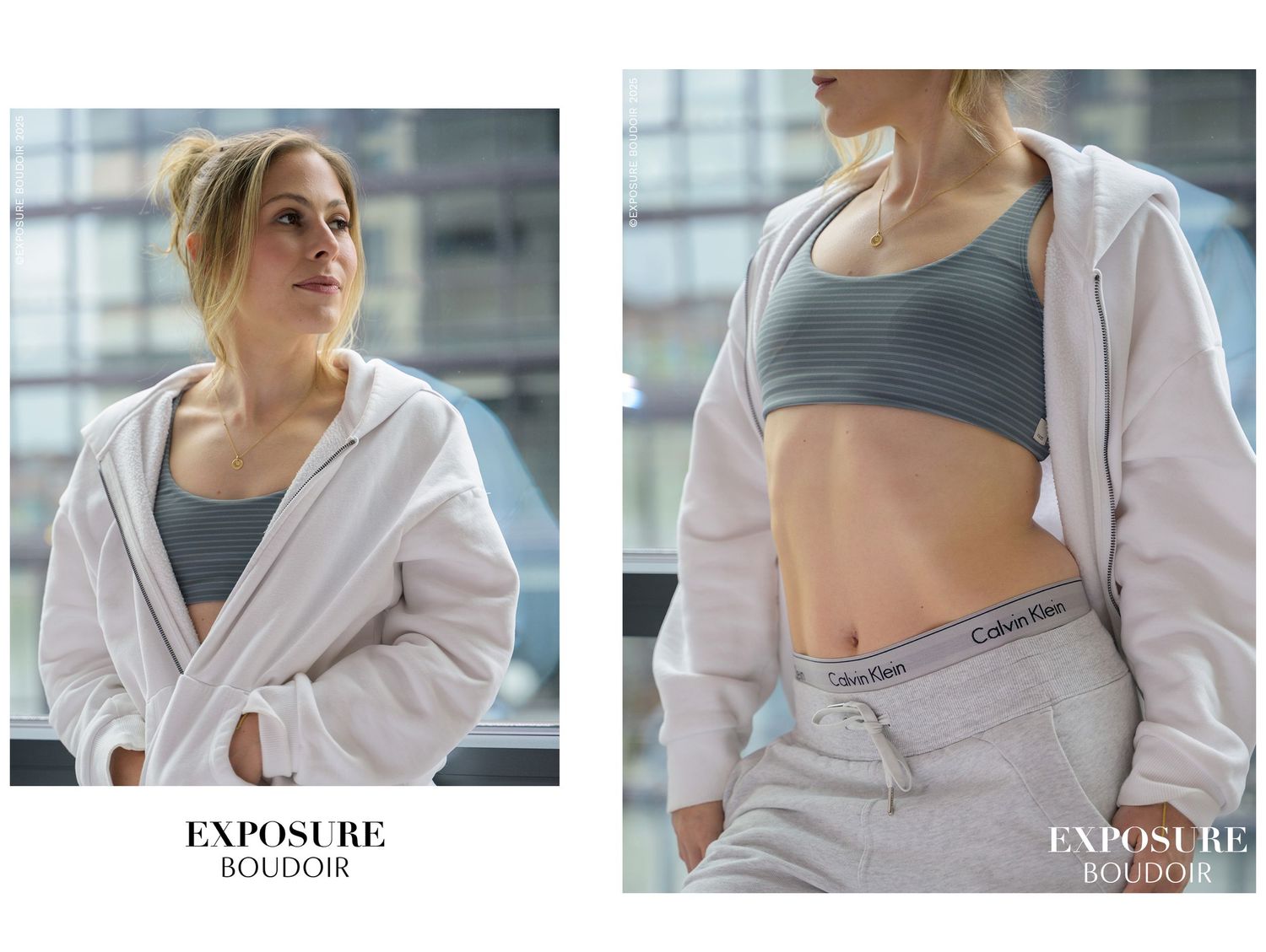 Woman in white cardigan and sports bra lounges on furniture in elegant lifestyle photoshoot.