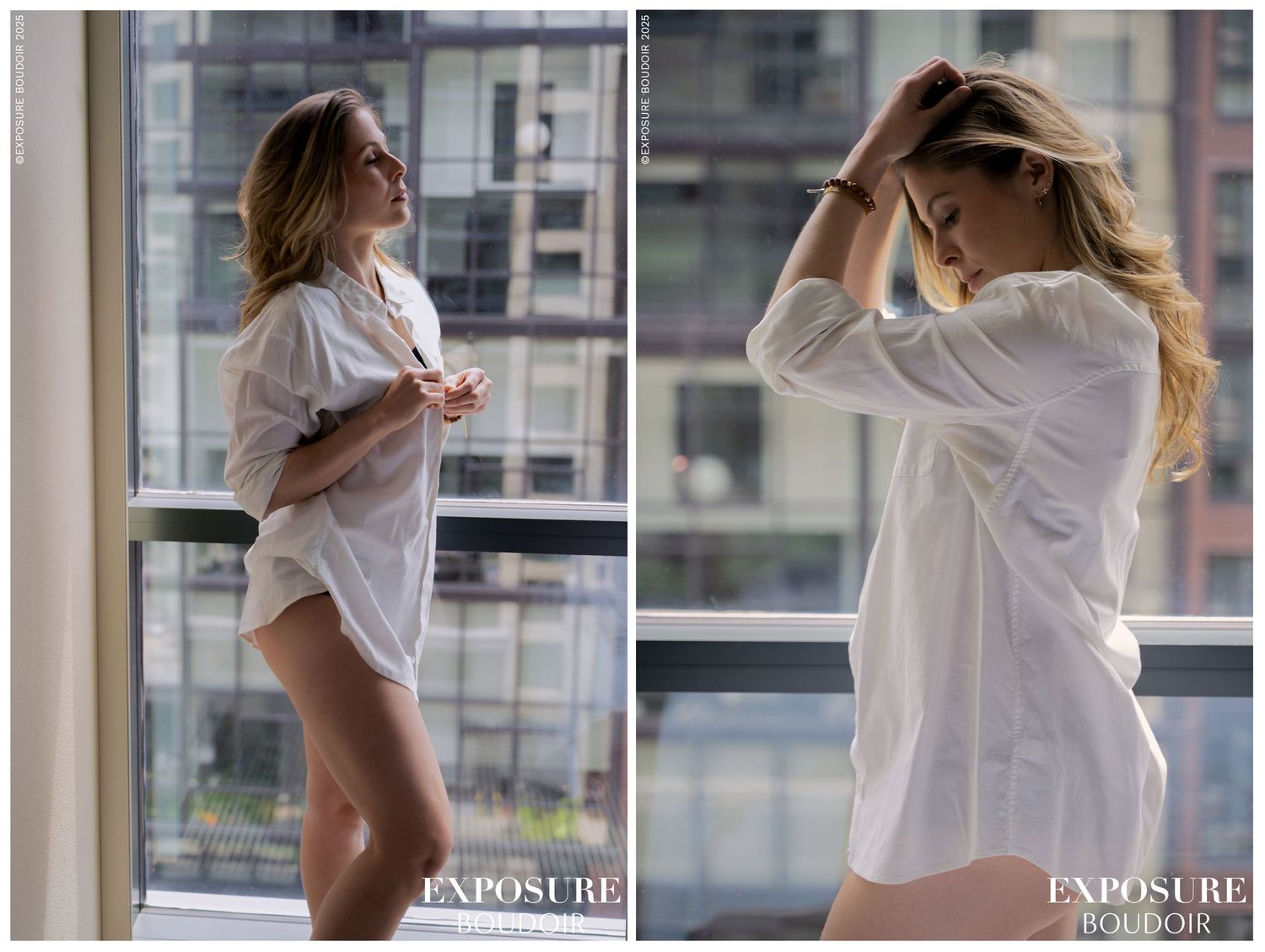 A sequence of photos showing a woman in a white dress shirt posing near a window in an urban setting.