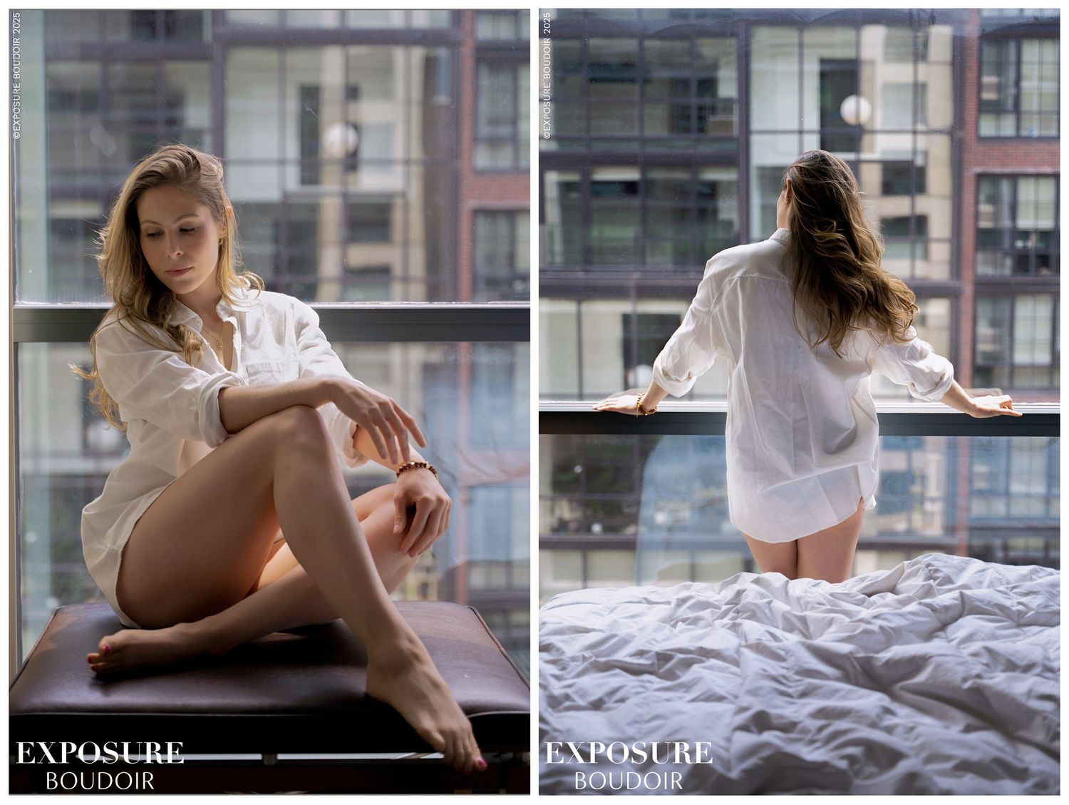 Person in white shirt reclining on bed near window with city view in background.