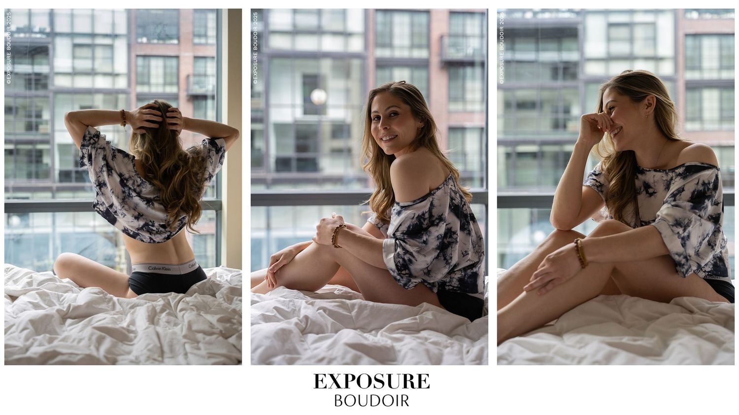 Artistic black and white boudoir photography sequence showing intimate poses against a bright window backdrop.