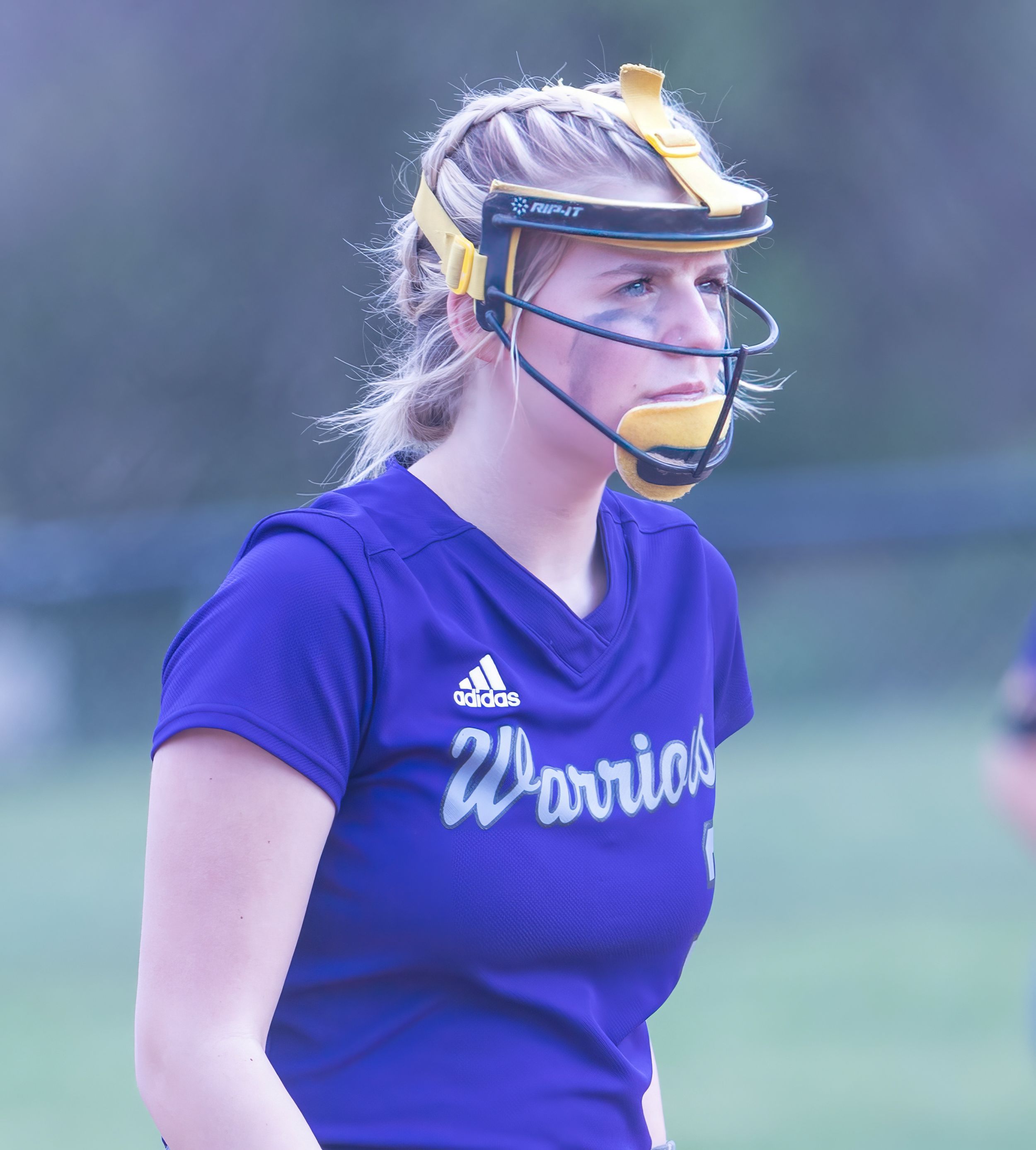 Softball player wearing protective face mask and blue Warriors jersey during game.
Softball riverside high school kanawha county