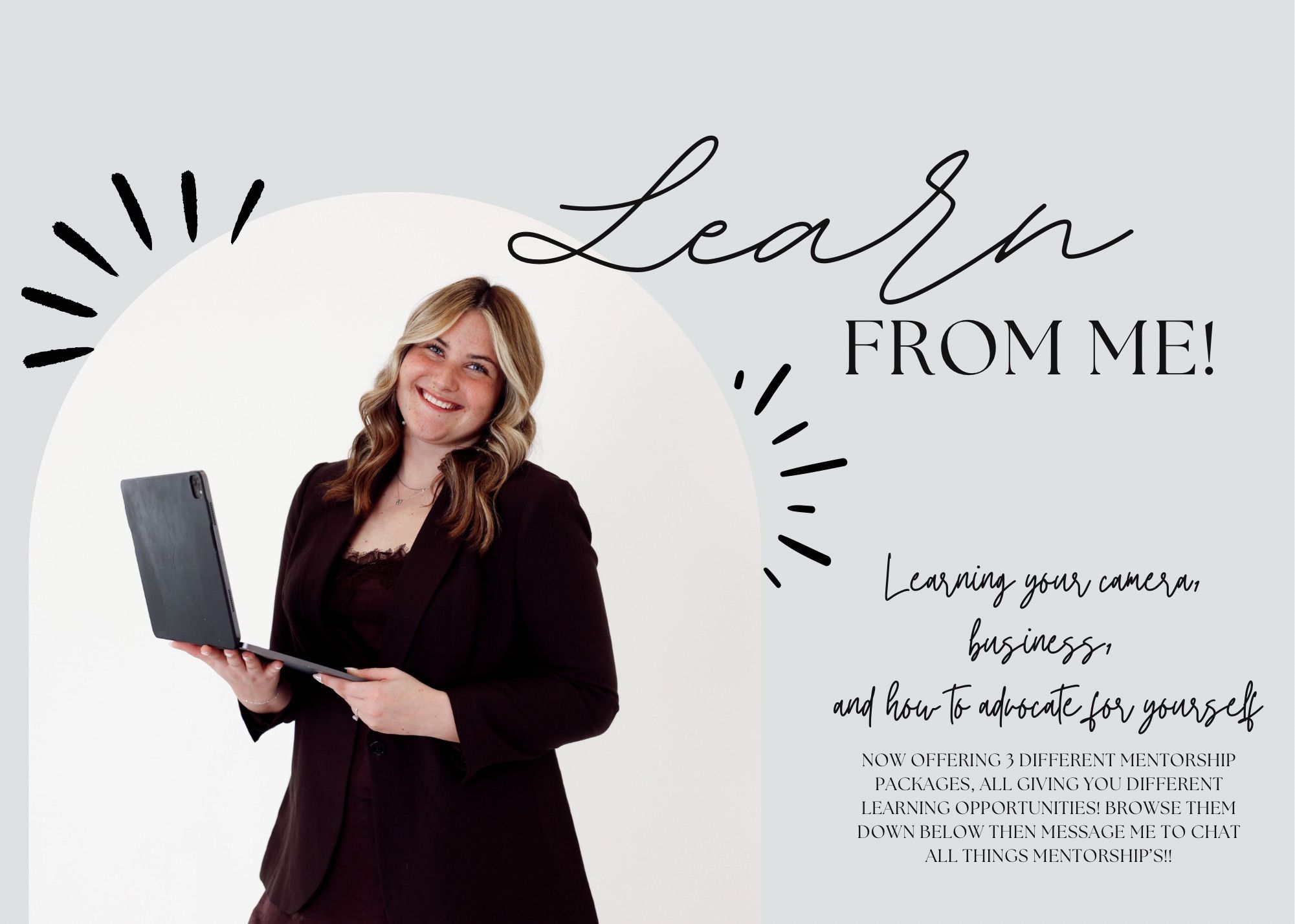 A burgundy floral dress stands out against golden sunlight in an outdoor promotional banner for business coaching.