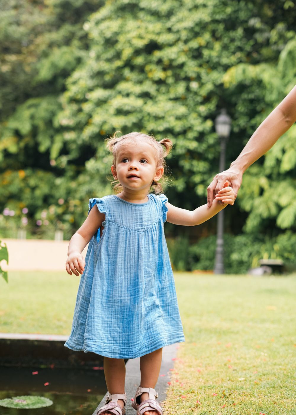 A toddler in a blue dress holds hands with someone while exploring a garden path.