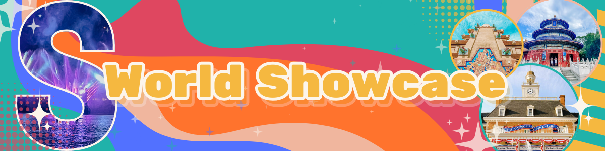 A colorful banner showing World Showcase text with a stylized castle silhouette against a vibrant turquoise and pink background.