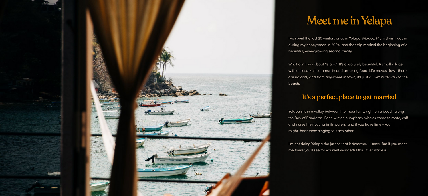 A panoramic view of traditional fishing boats moored in calm waters at sunset, framed by brown curtains at a window.
