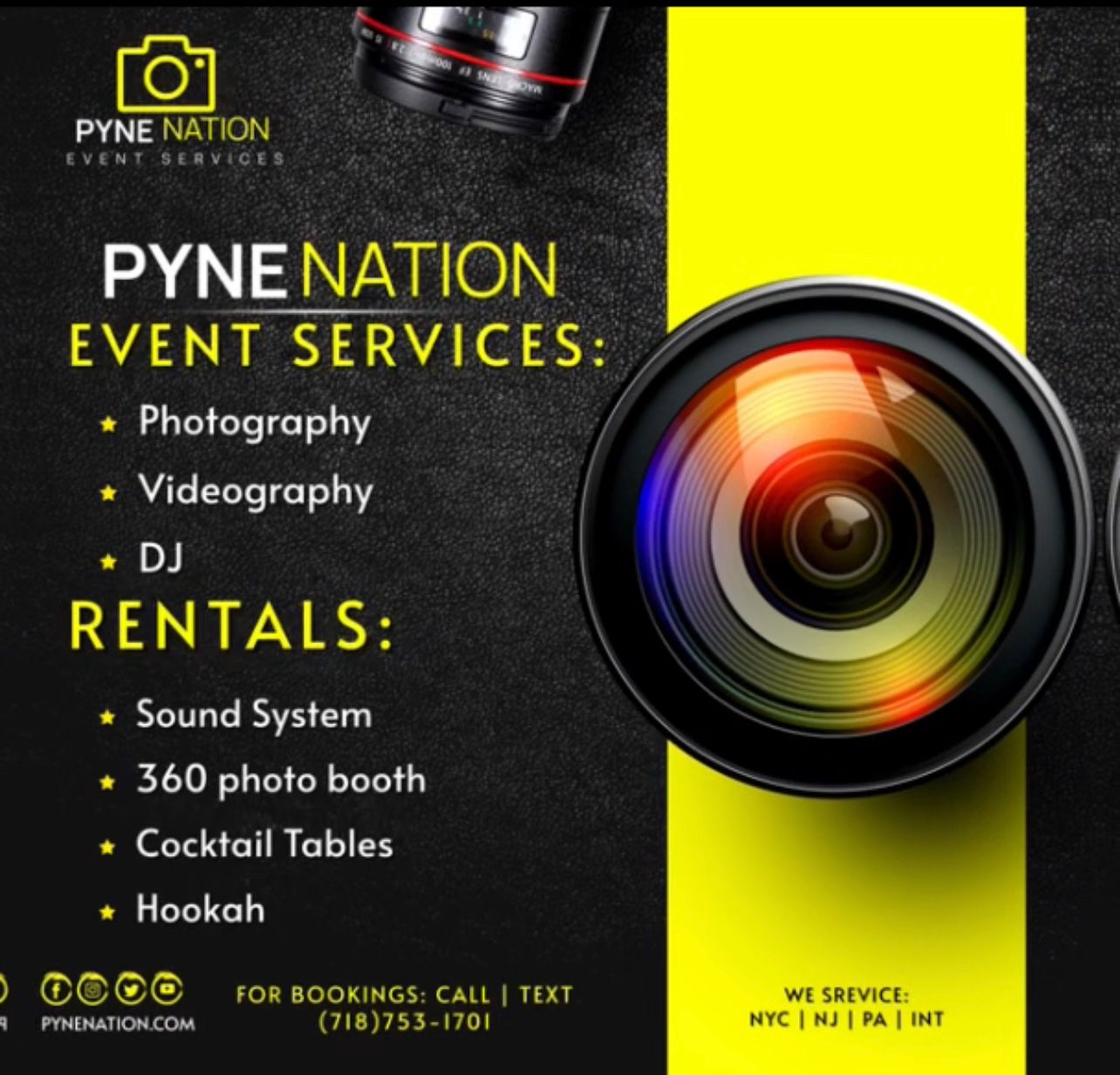 Party rental Cocktail table, Sound system , Dj,
Photography, Videography,