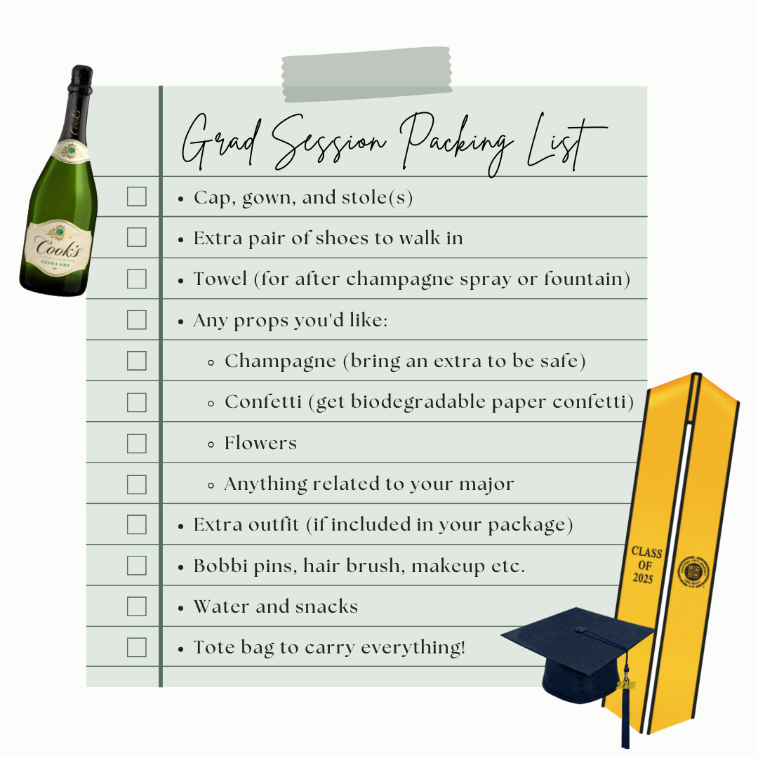 Graduation packing checklist showing items like gown, shoes, and champagne.