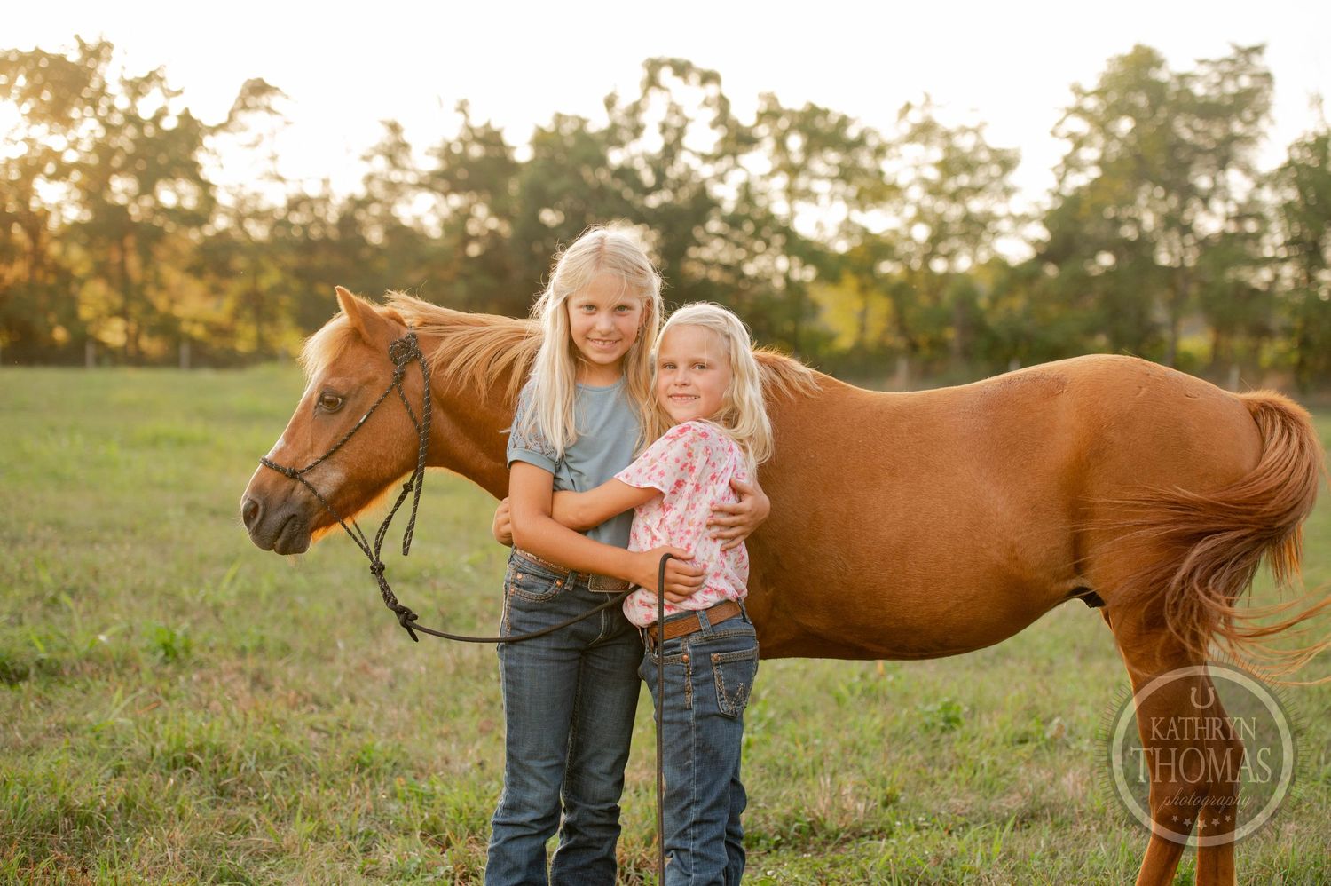 Youth pose with a chestnut horse in a sunlit summer pasture.