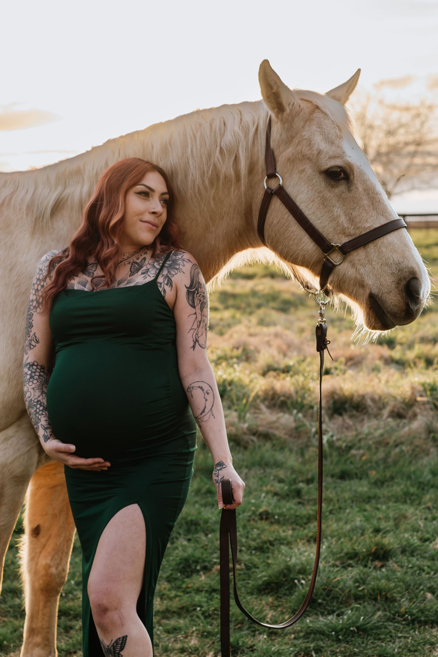 A maternity photoshoot in Lodi, California in a field with a horse taken at golden hour.