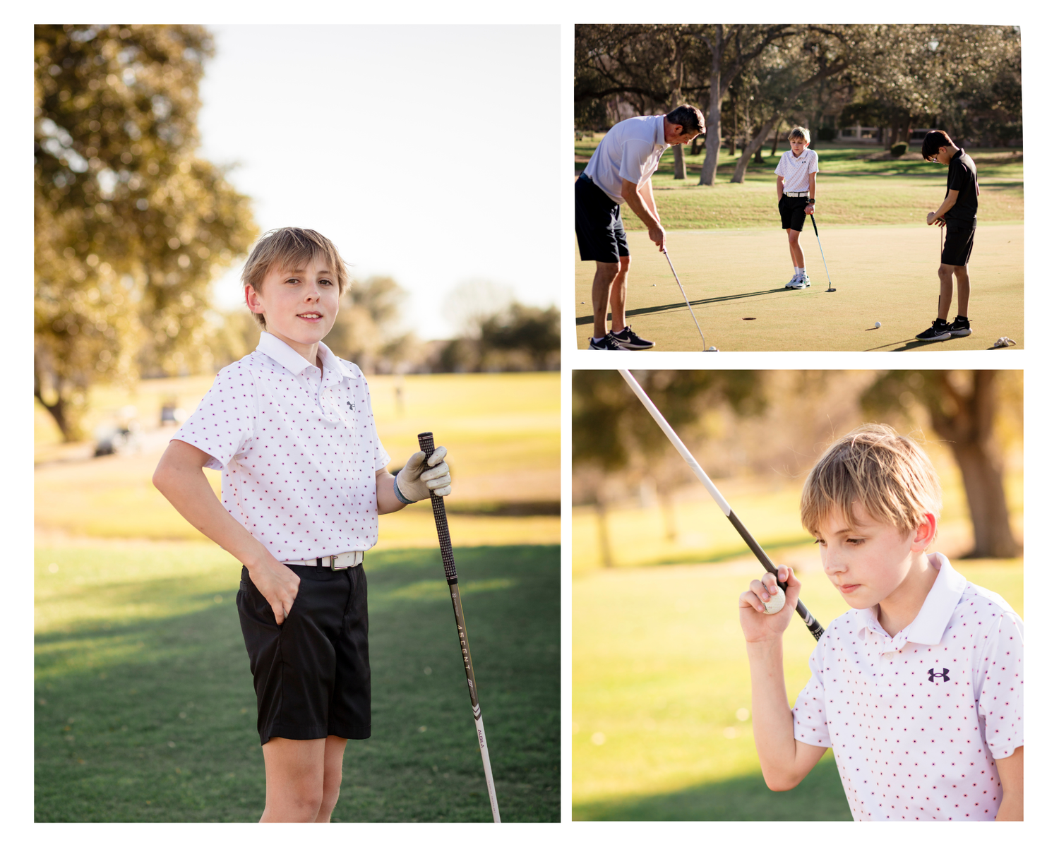 A golf lesson takes place at golden hour on a lush course with players practicing their swing techniques. Kids photography Georgetown Texas