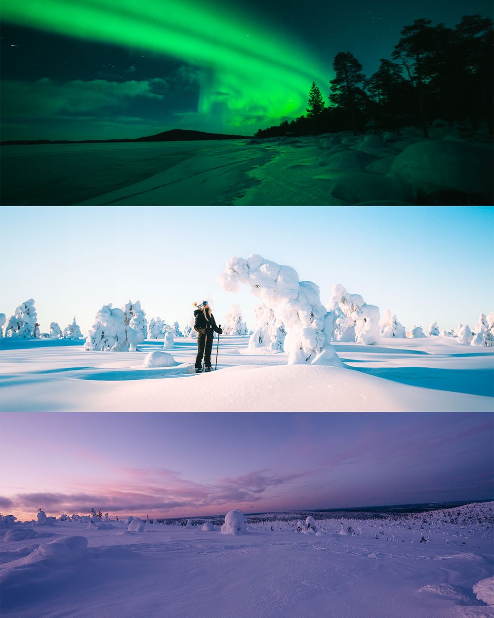 Vibrant green aurora borealis dances across the dark night sky above a snowy winter landscape in Scandinavia.