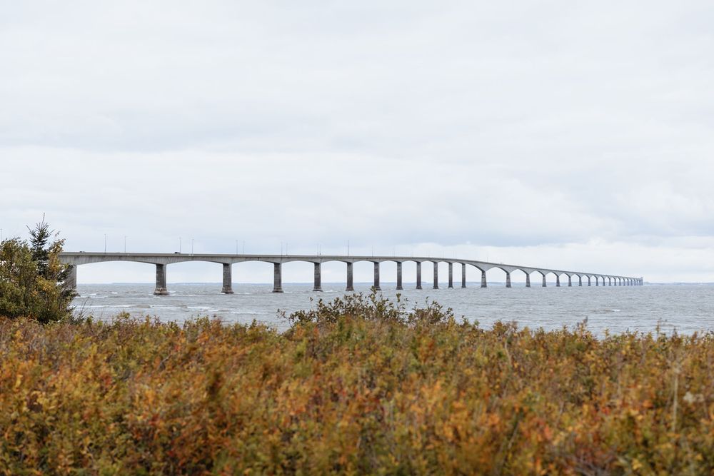 Confederation Bridge from New Brunswick to PEI, maritime Canada, fall foliage in Port Elgin NB