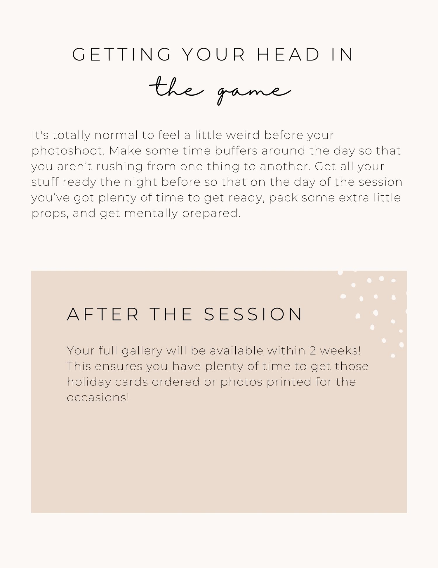 Information page about photo session preparation and delivery timeline.