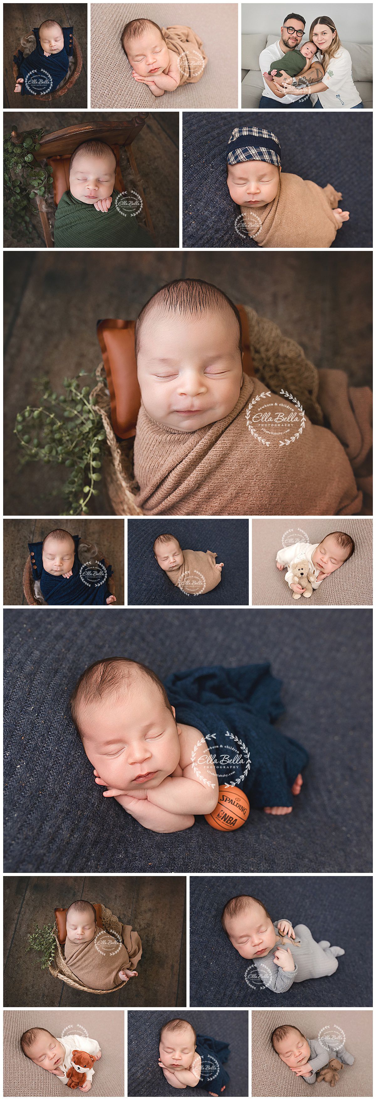 A collection of professional newborn photography portraits featuring peaceful sleeping poses on soft textured backgrounds.