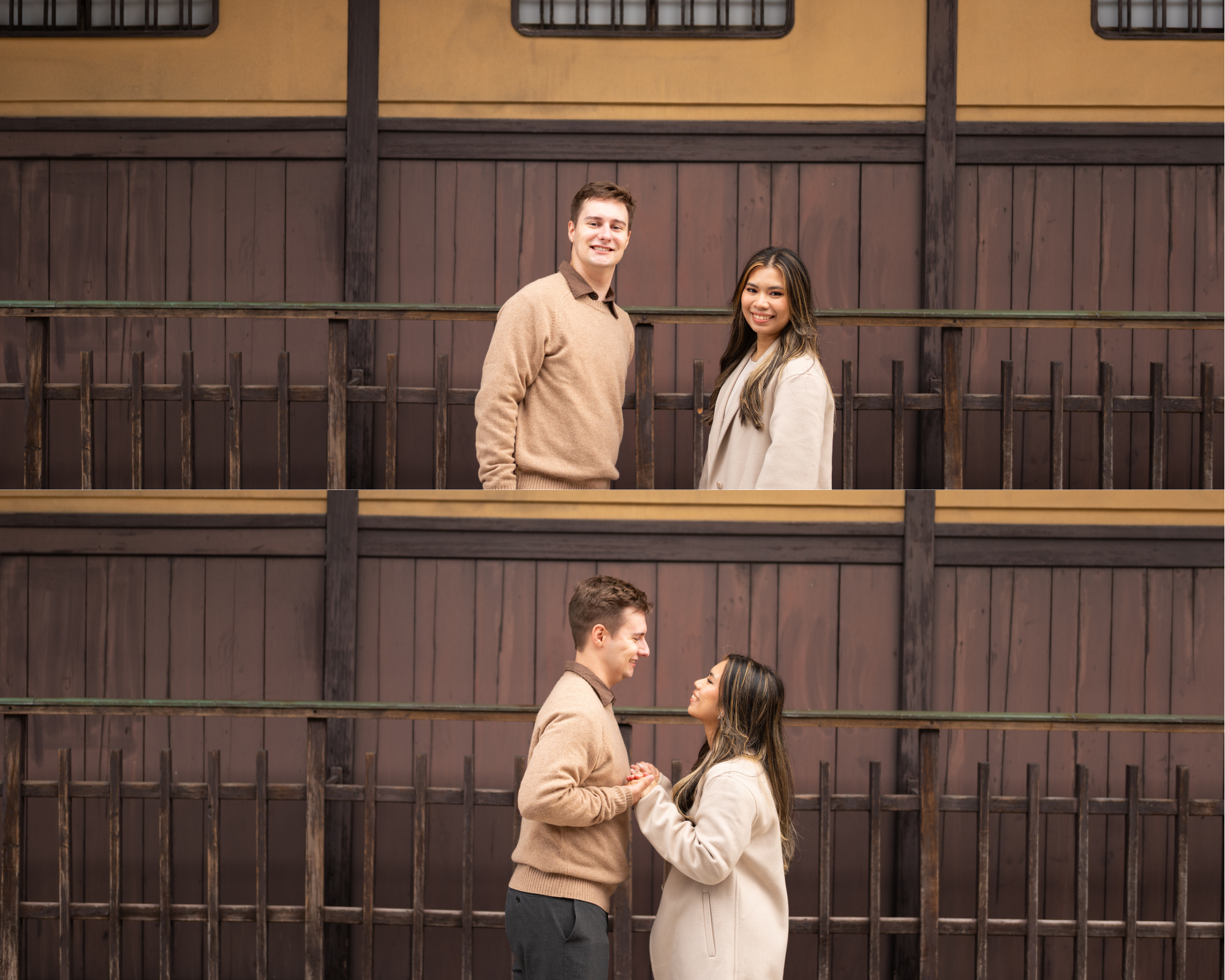 Couple posing and holding hands near traditional Japanese wooden lattice architecture in Kyoto.