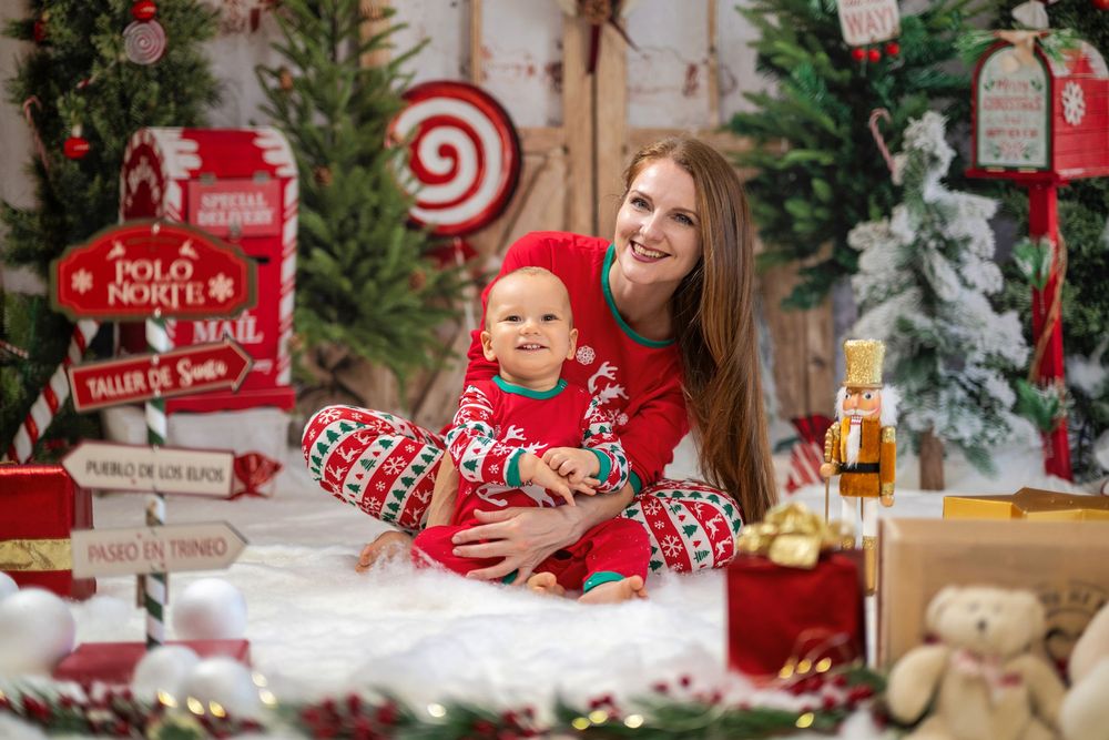 A collage of festive Christmas photos showing decorated trees, presents, and holiday decor in red and white themes.