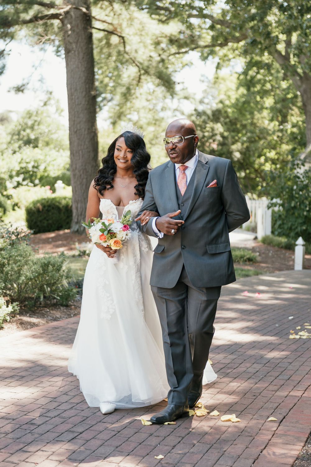 Bride walking down the aisle at the Norfolk Botanical Gardens, Norfolk Virginia