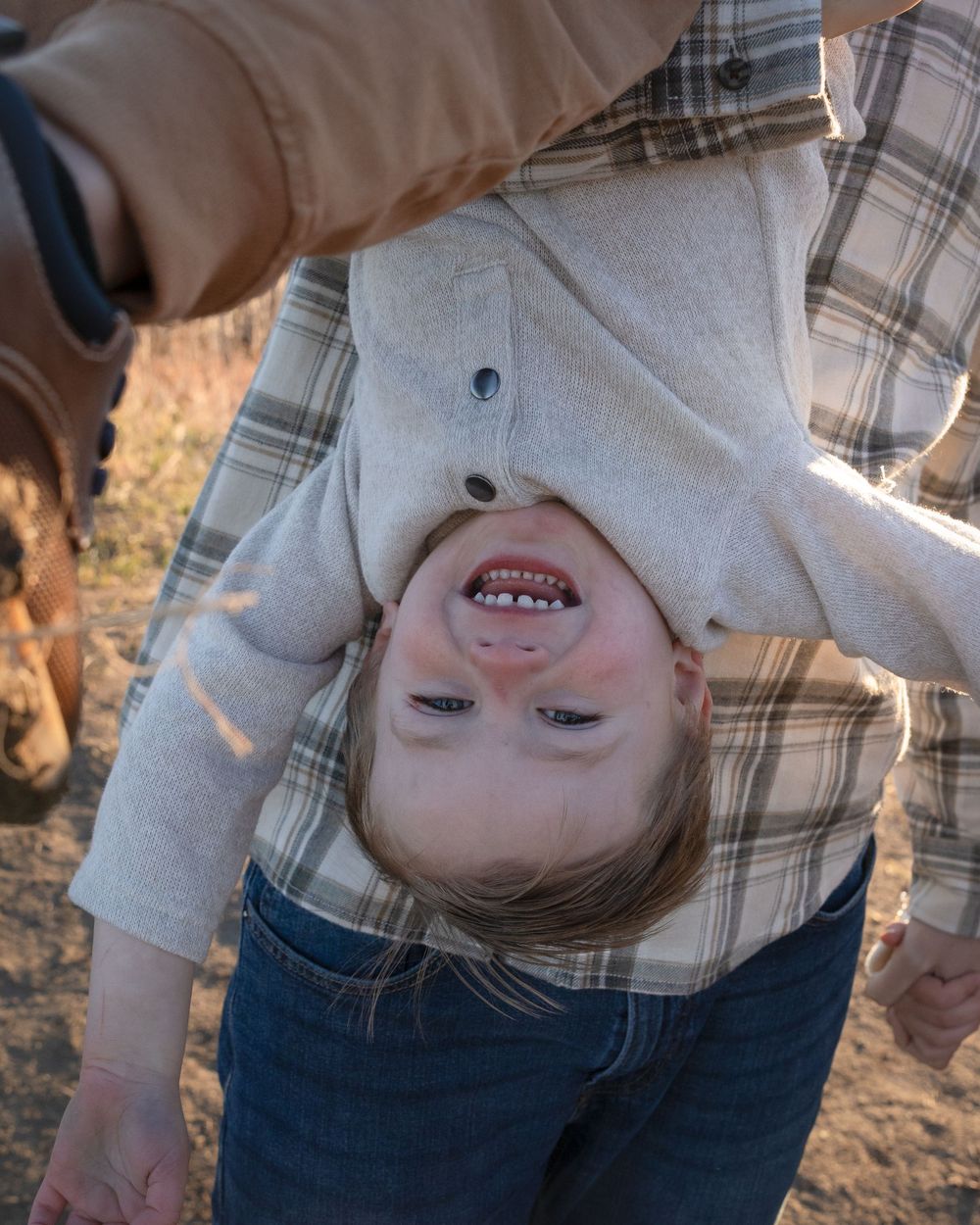 Playful sequence of a child being swung upside down in a plaid shirt and jeans against a sunny outdoor backdrop.