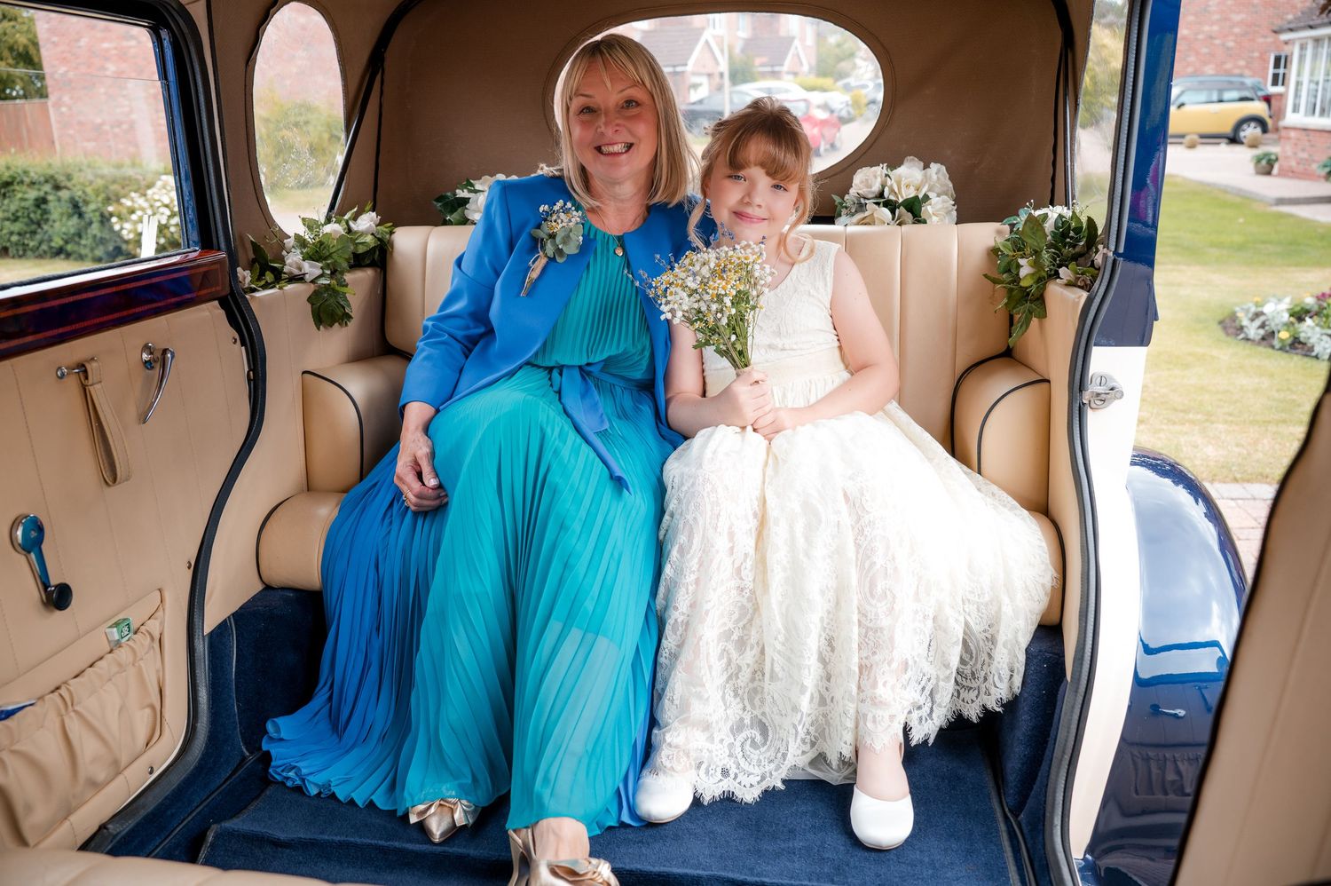 A group wearing coordinated turquoise and white outfits pose together in various indoor and outdoor settings.