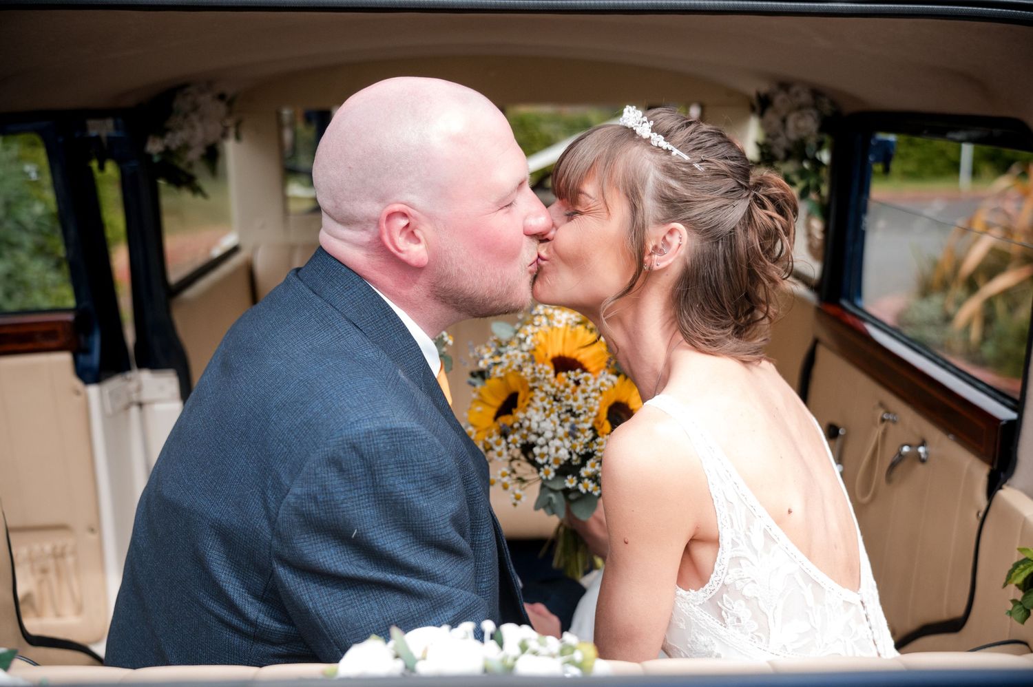 A series of romantic wedding moments showing couples kissing during their special celebrations.