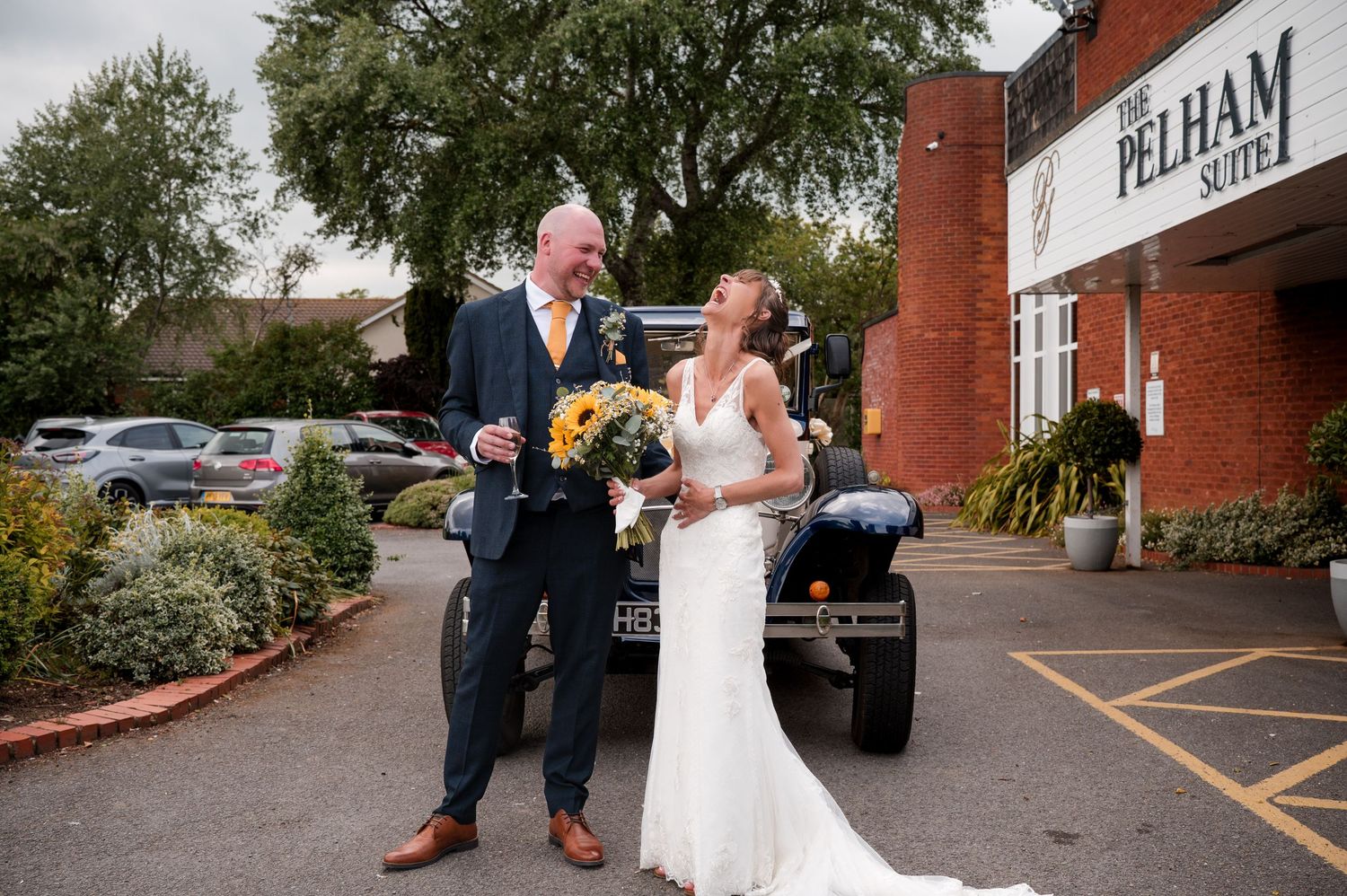A series of wedding photos showing a couple walking and posing together outside a brick building.