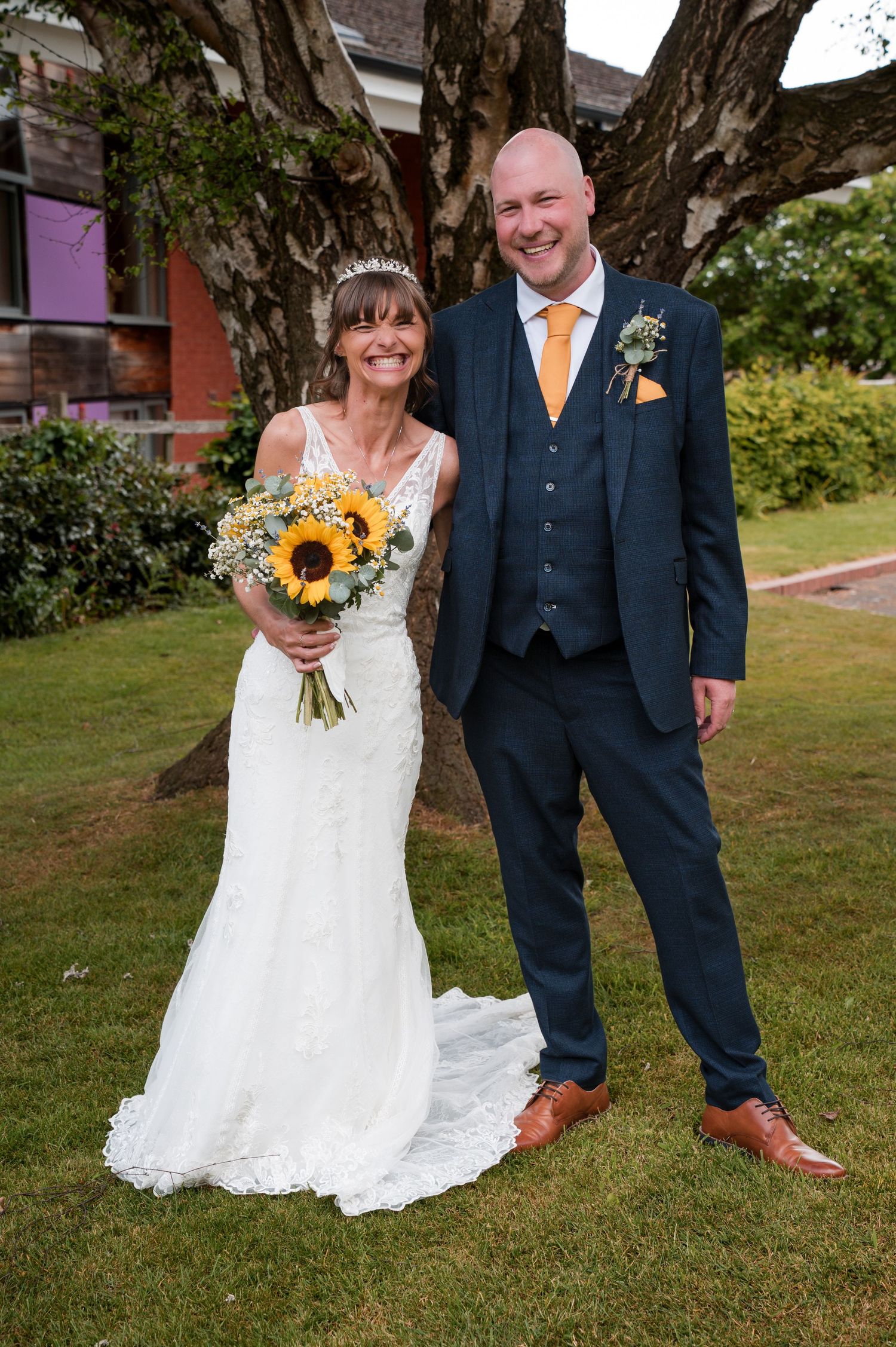 Wedding photos showing details of formal attire, sunflower bouquet, and outdoor poses on grass.
