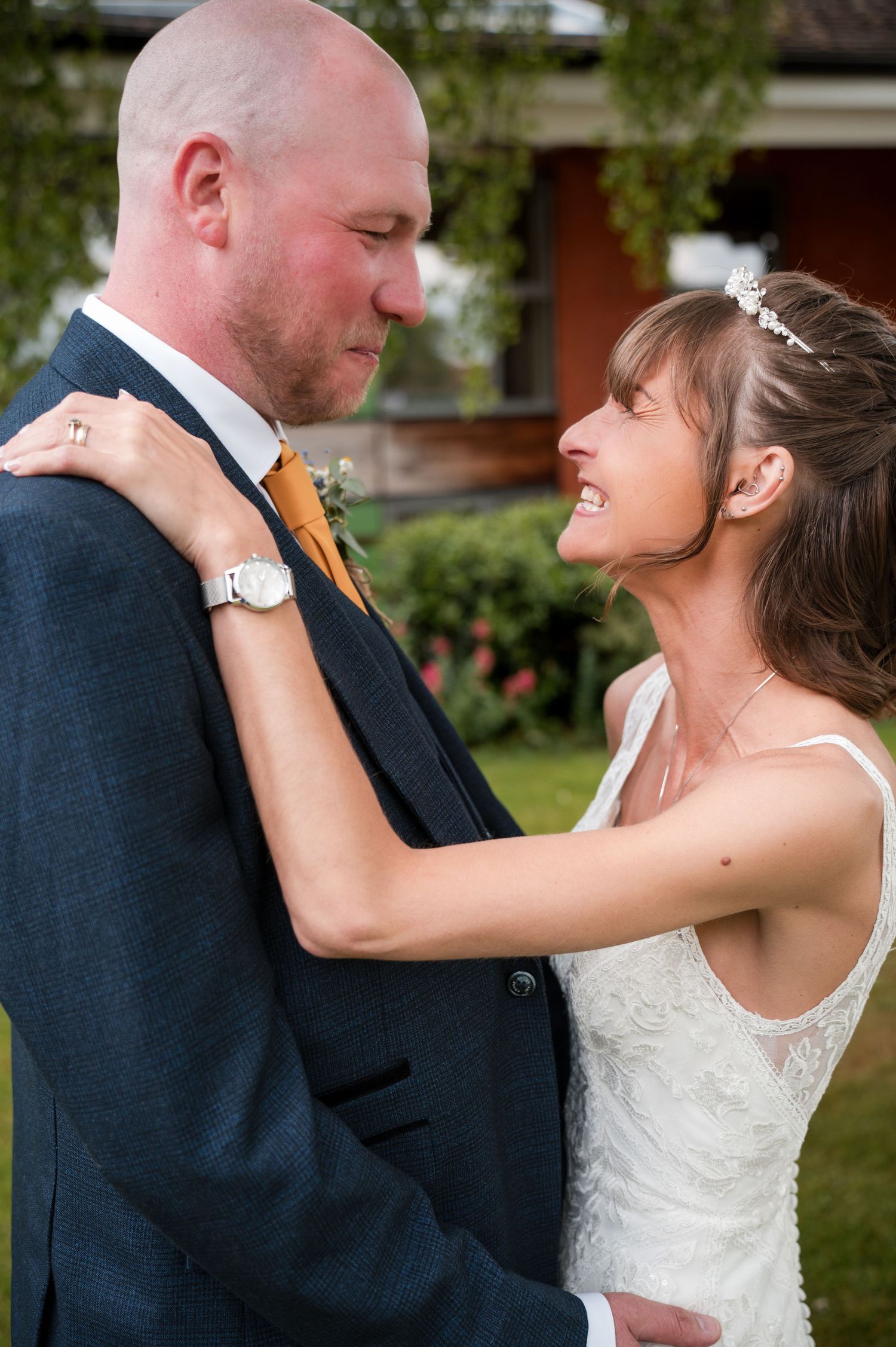 A romantic sequence of wedding photos showing a couple in formal attire sharing intimate moments outdoors.
