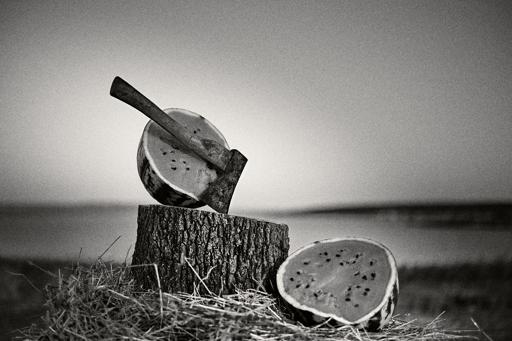 Black and white still life photograph of a cut watermelon on a tree stump against a dark background.