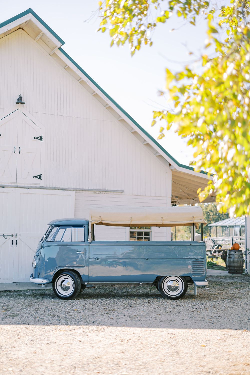 Vintage blue Volkswagen van parked in front of a white barn building with autumn leaves overhead.