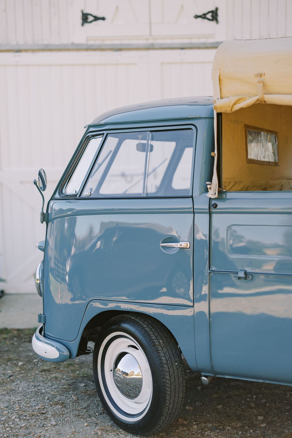 Close-up views of a vintage blue Volkswagen Type 3 Squareback showing different angles of the car's exterior details.