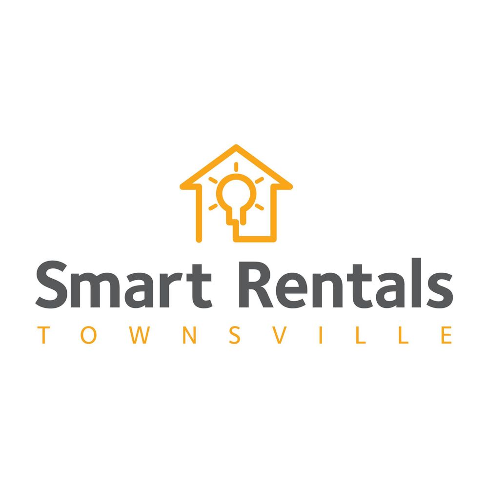 Modern real estate company logo design with house icon and text 'Smart Rentals Townsville' in gold and gray colors.
