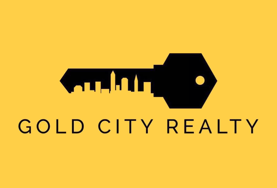 A black and yellow logo design for Gold City Realty featuring a cityscape silhouette and key icon.