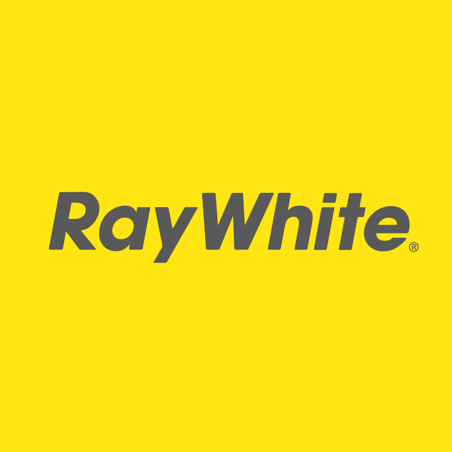 Yellow background with Ray White real estate company logo in gray text.