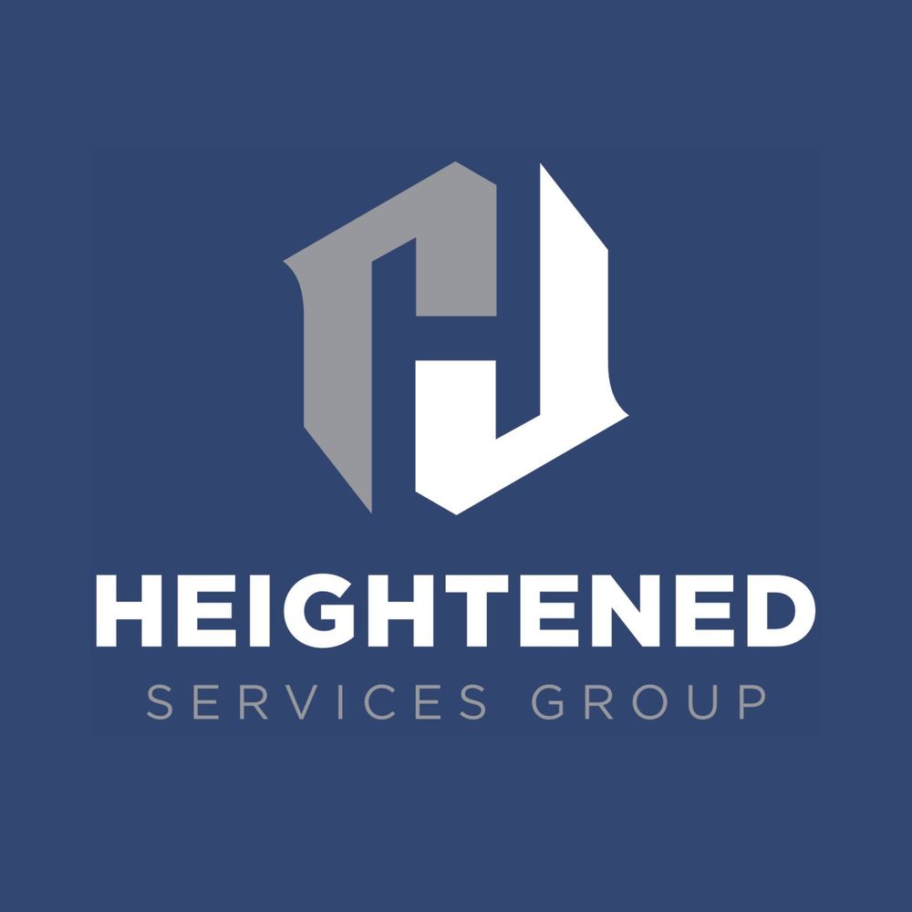 Modern corporate logo design for Heightened Services Group featuring geometric H shape in silver on navy blue background.