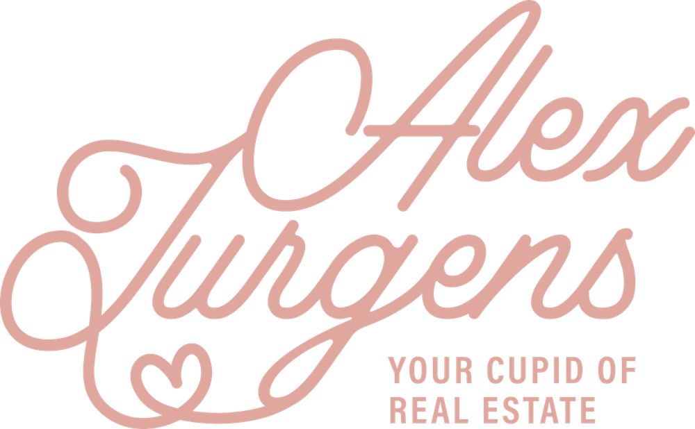 Pink cursive text logo design with decorative flourishes and real estate business branding elements.