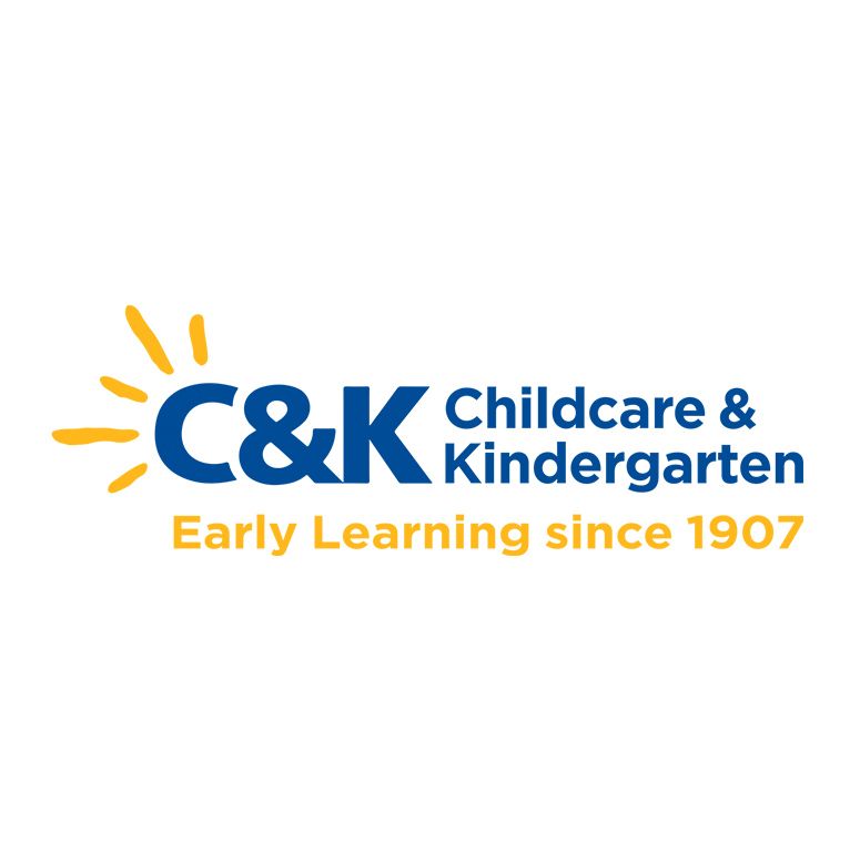 C&K Childcare & Kindergarten logo featuring yellow sun graphics and blue text promoting early learning since 1907.