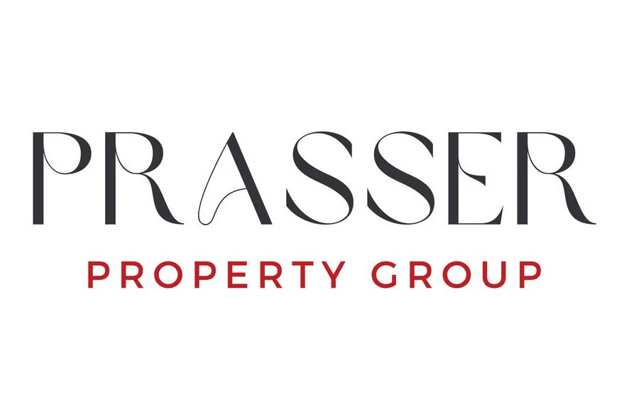A sleek black and red logo design for Prasser Property Group with modern typography.