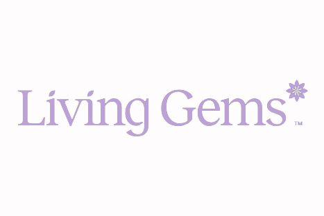 A purple Living Gems text logo design with a small asterisk symbol on a white background.