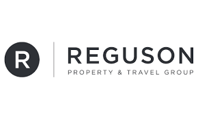 A black and white logo for Regusson Property & Travel Group with a circular R symbol.
