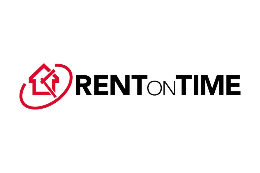 A red and white logo design for Rent on Time featuring a house icon and text in a modern style.