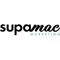A stylized black and teal logo design for Supamac Marketing with modern typography.