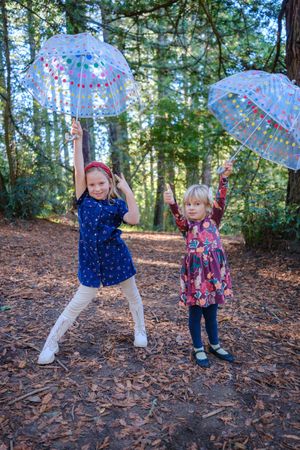 Two children play together in a wooded area with fallen leaves and pine trees while holding a clear umbrella.